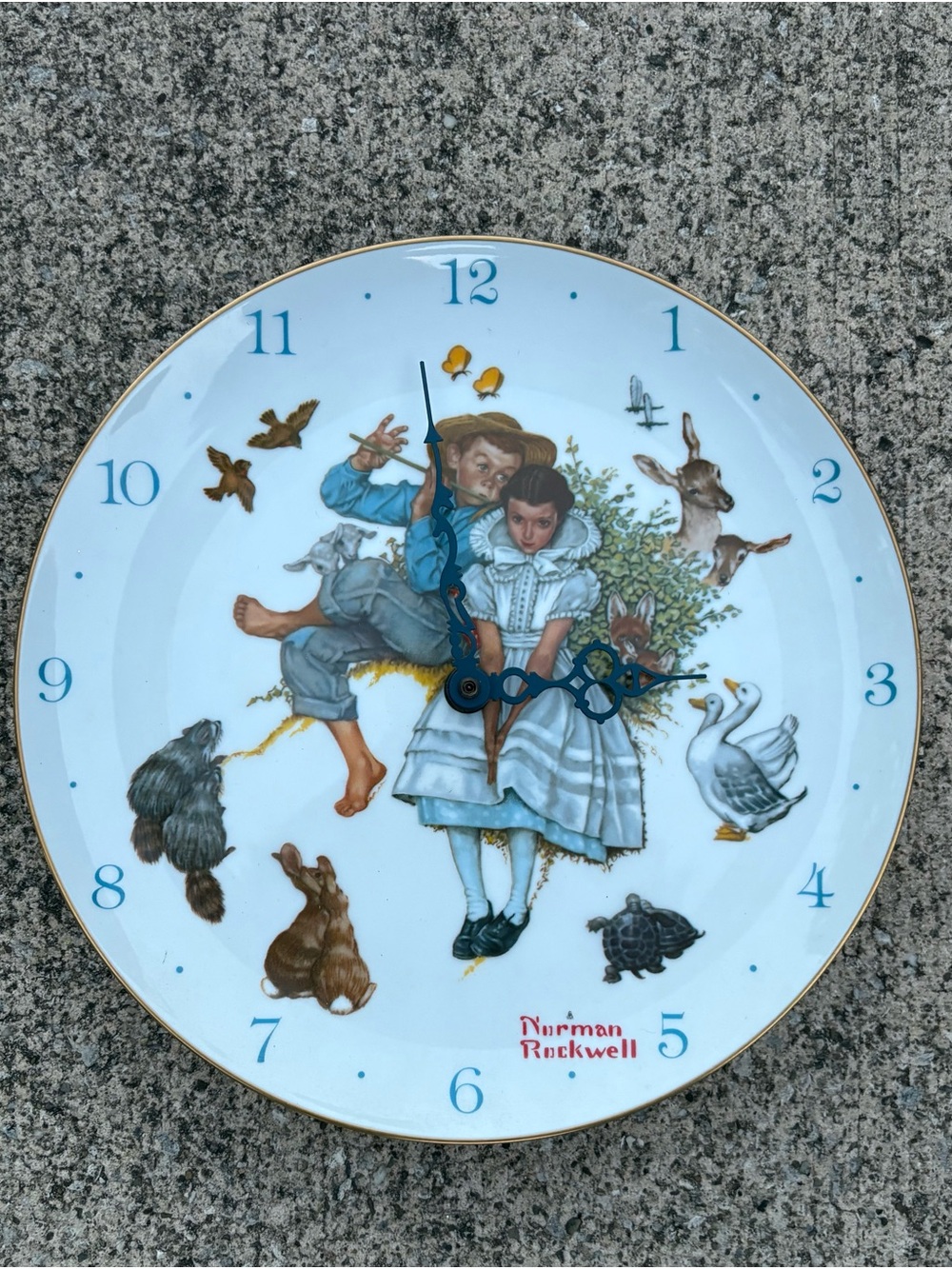 Vintage 1970’s Norman Rockwell Blue and White Decorative Wall Clock Plate
